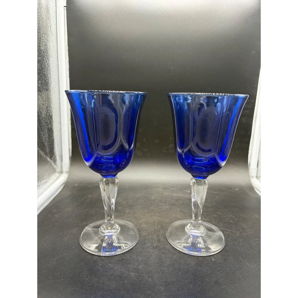 Vintage Cobalt Blue Wine Goblets Clear Twisted Stem Optic Panel Glass Set of 2